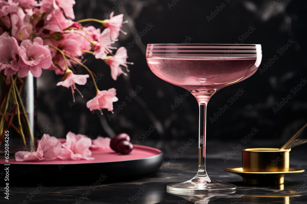 Pink Cocktail, Delicious Drink for Celebration and Party, Beautiful Beverage with Flowers - Generative Ai Pink Cocktail, Delicious Drink for Celebration and Party, Beautiful Beverage with Flowers - Generative Ai