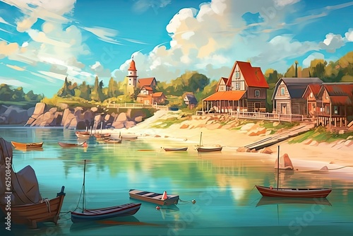 Charming Coastal Village: Sandy Beaches, Colorful Beach Umbrellas, and a Picturesque Harbor Filled with Fishing Boats, generative AI