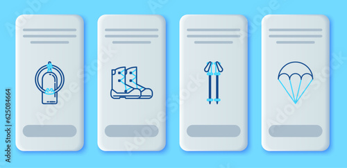 Set line Boots, Ski poles, Aqualung and Parachute icon. Vector