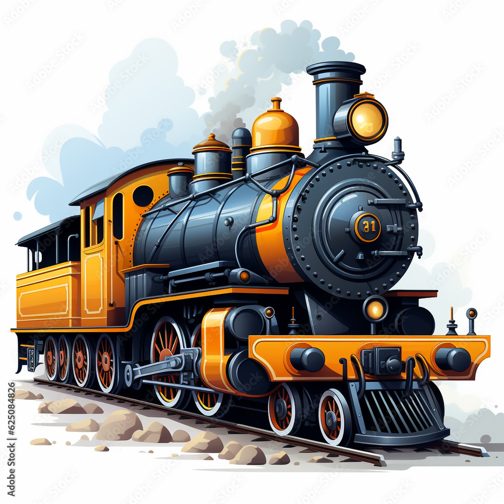 2d perspective illustration of an old locomotive moving towards its destination. Vintage and retro design.