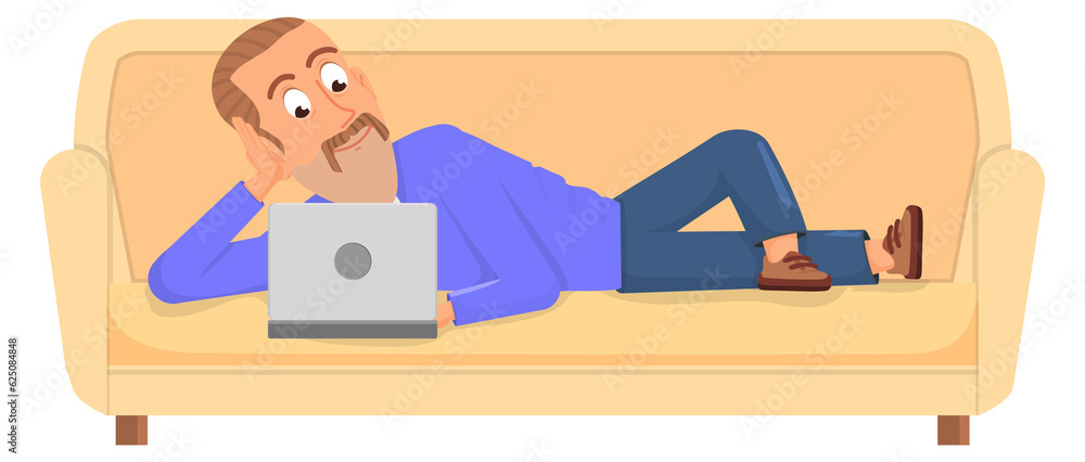 Man laying on couch with laptop. Cartoon person resting