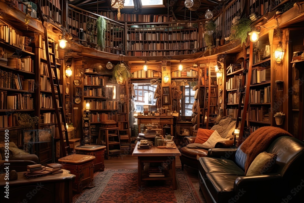 Cozy Bookstore Haven: Filled Shelves, Comfortable Nooks, and Peaceful Ambiance, generative AI