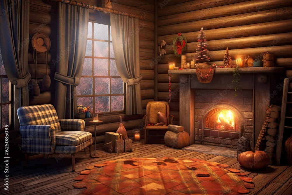 Cozy Log Cabin Interior: Crackling Fireplace, Plaid Blankets & Rustic Decor, generative AI