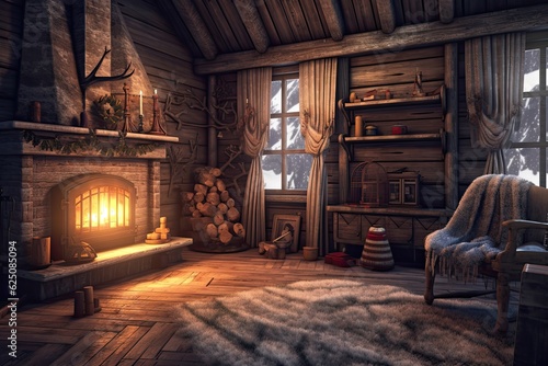 Winter Wonderland: Captivating Cozy Cabin Background with Crackling Fireplace, Warm Blankets, and Snowfall, generative AI © Michael