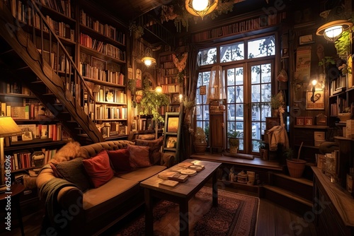 Cozy Bookstore: Books-filled Shelves, Comfortable Nooks & Quiet Ambiance, generative AI