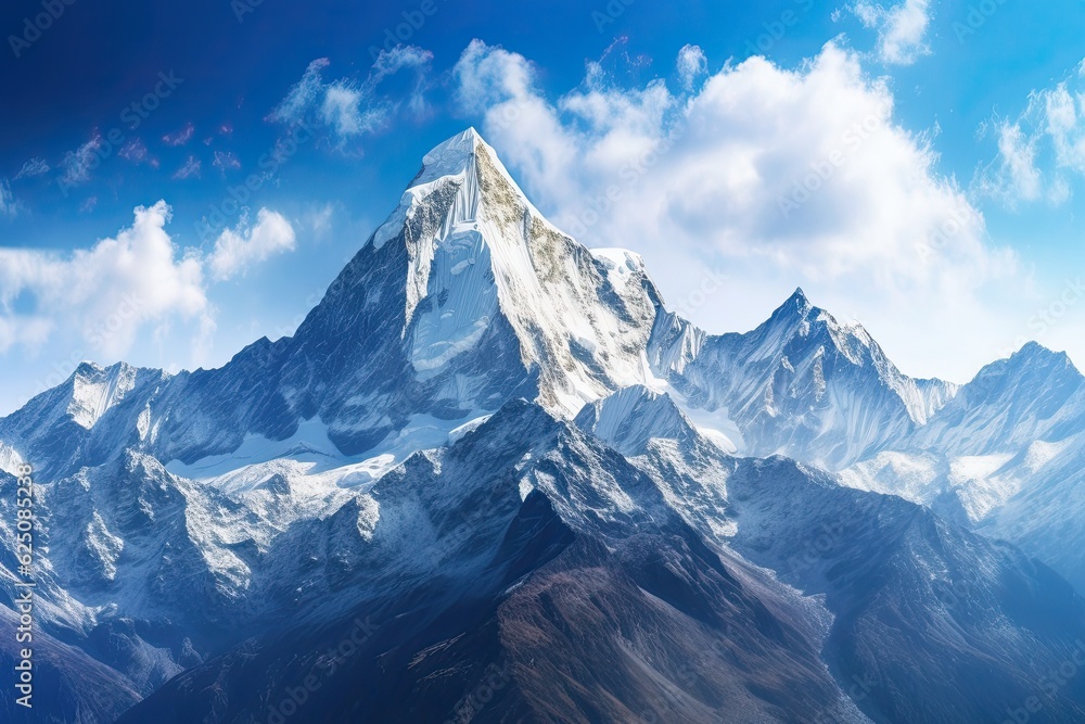 Snow-capped Mountain Majesty: A Grandeur-Filled Landscape with Majestic Peaks and Clear Blue Skies, generative AI