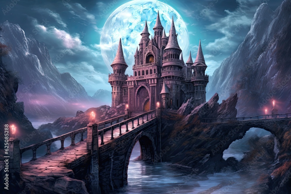Enchanting Moonlit Sky: A Fantasy Castle with Turrets, Drawbridge, and Magical Creatures, generative AI