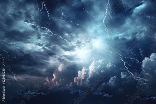 Dramatic Stormy Sky: Dark Clouds, Lightning Bolts, & Torrential Rain, generative AI