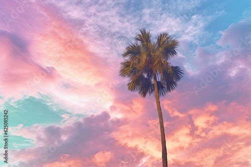 Pastel Sunset: Cotton Candy Clouds and Silhouetted Palm Tree, generative AI © Michael