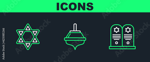 Set line Tombstone with star of david, Star David and Hanukkah dreidel icon. Vector