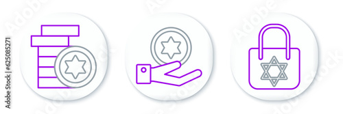 Set line Shopping bag with star of david, Jewish coin and on hand icon. Vector