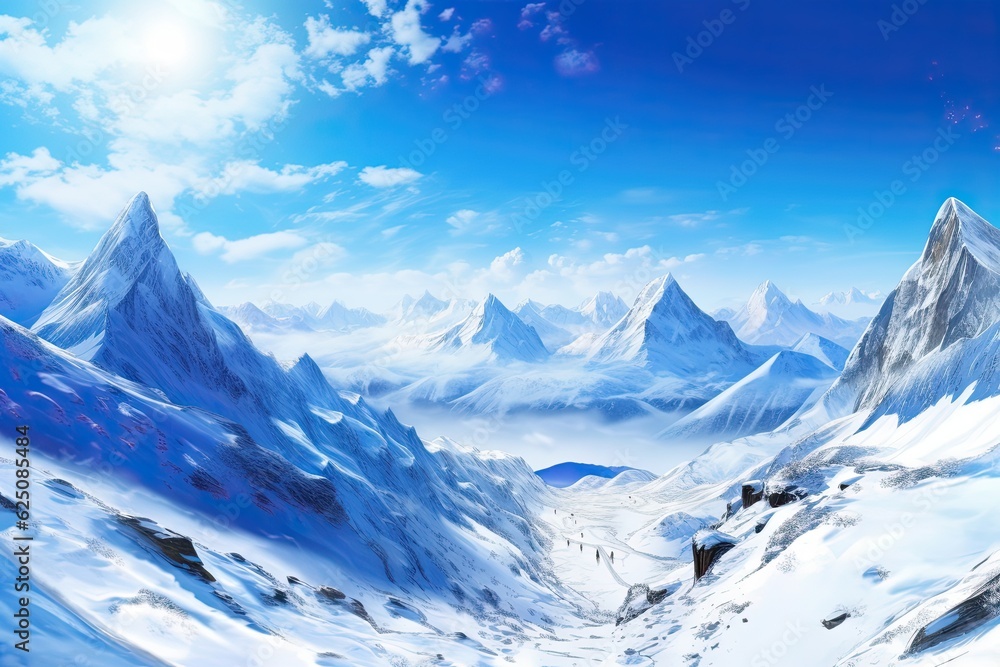 Snow-Capped Mountain Range: Majestic Beauty with Clear Blue Skies and Pristine White Slopes, generative AI