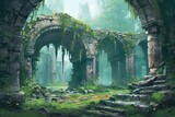 Uncovering the Enigmatic Charms: Exploring Mystical Ancient Ruins Amidst Weathered Stone Structures and Overgrown Foliage, generative AI