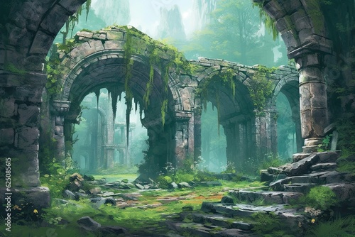 Uncovering the Enigmatic Charms: Exploring Mystical Ancient Ruins Amidst Weathered Stone Structures and Overgrown Foliage, generative AI