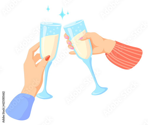 Cheers with sparkling wine. Party celebration. Cartoon hands