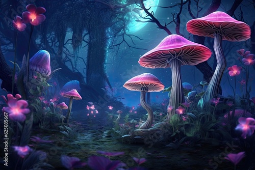 Enchanting Moonlit Garden: Luminescent Flowers, Glowing Mushrooms, and Magical Creatures, generative AI