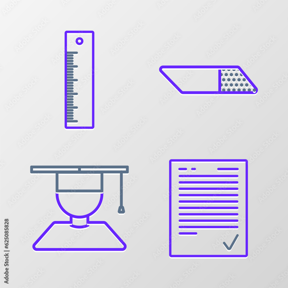Set line Exam sheet with check mark, Graduate and graduation cap, Eraser or rubber and Ruler icon. Vector Set line Exam sheet with check mark, Graduate and graduation cap, Eraser or rubber and Ruler icon. Vector