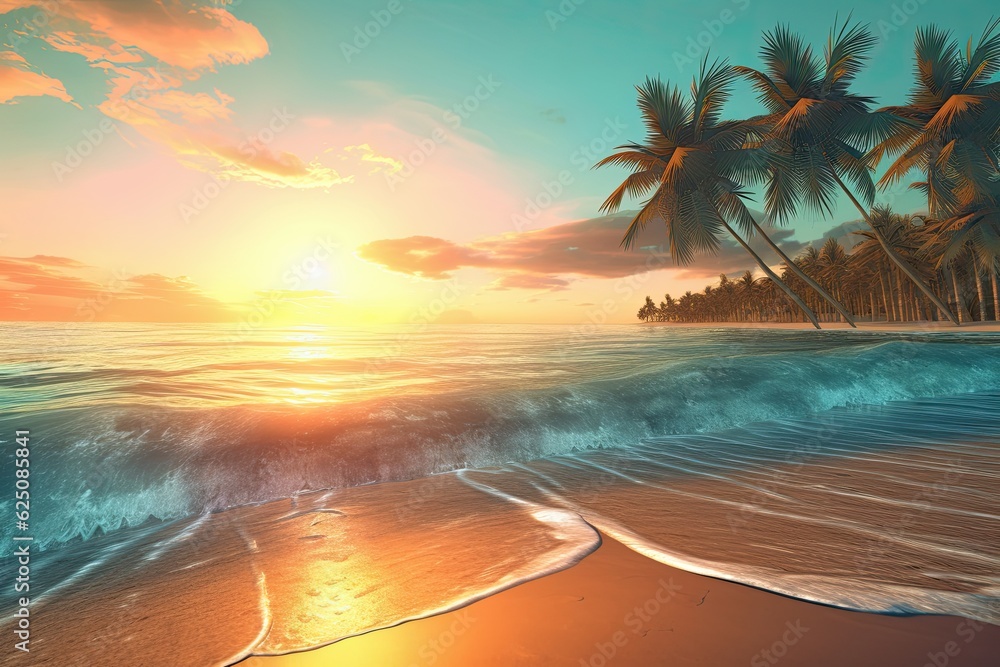 Golden Sand and Gentle Turquoise Sea: A Serene Sunset Beach Background with Palm Trees, generative AI