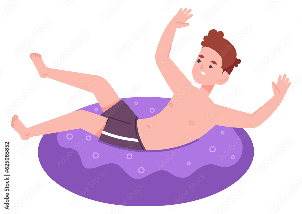 Boy lay on inflatable donut. Happy kid swimming