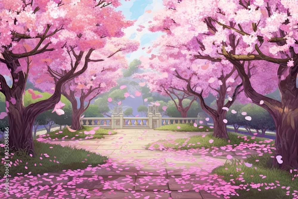 Tranquil Paradise: A Blooming Cherry Blossom Garden Background with Pink Petals and Serene Atmosphere, generative AI