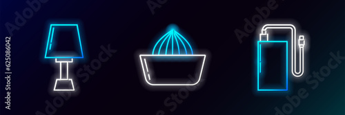 Set line Power bank with different charge cable, Table lamp and Citrus fruit juicer icon. Glowing neon. Vector