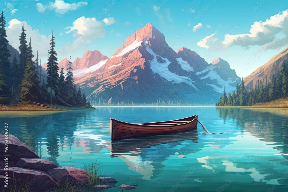 Peaceful Rowboat and Majestic Peaks: Captivating Serenity of a Clear Blue Mountain Lake, generative AI