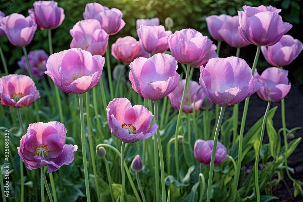 Vibrant Blooming Tulips: A Breathtaking Purple and Pink Flower Background, generative AI
