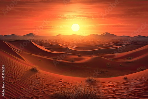 Enigmatic Oasis: Surreal Desert Landscape with Towering Sand Dunes and Blazing Sun, generative AI