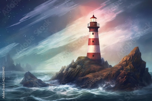 Coastal Tranquility: A Guiding Beacon Amidst Crashing Waves and Rocky Shoreline, generative AI