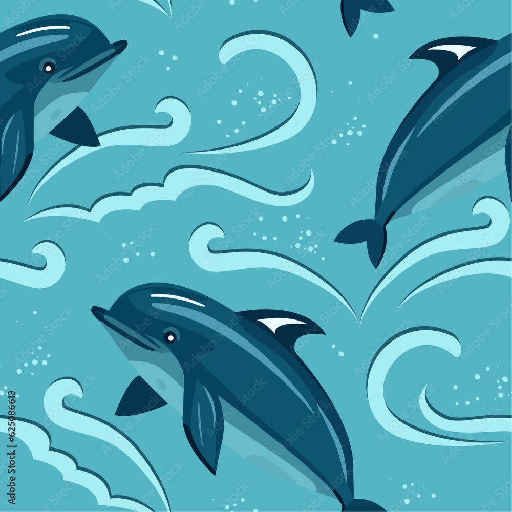 Naklejka premium Seamless pattern sea, waves and dolphin