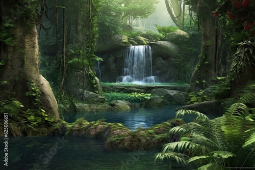 Tranquil Waterfall Oasis: A Serene Escape amidst Lush Foliage, Cascading Waters, and a Peaceful Pond, generative AI