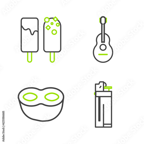 Set line Lighter  Festive mask  Guitar and Ice cream icon. Vector