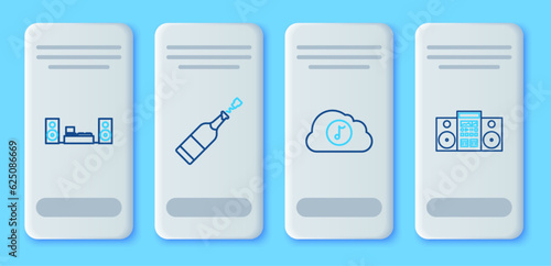 Set line Champagne bottle, Music streaming service, Home stereo with two speakers and icon. Vector