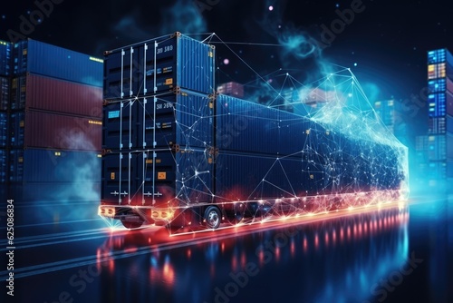 Business logistics and transportation concept of a container cargo truck and cargo with a working crane bridge in a shipyard and a sunset in the background. Generative AI