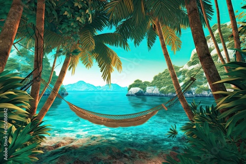 Swaying Hammock in Turquoise Waters: A Tropical Paradise with Palm Trees, generative AI