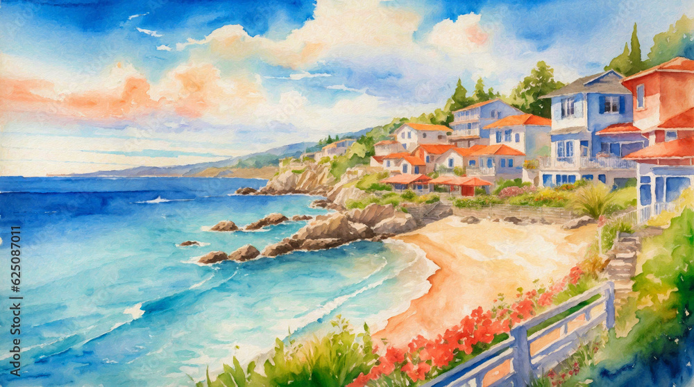 Colorful Watercolor Painting of a Coastal Landscape | Generative AI