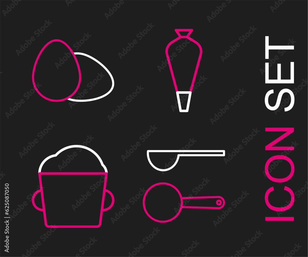 Set line Measuring spoon, Bakery bowl dough, Pastry bag for decorate cakes and Chicken egg icon. Vector Set line Measuring spoon, Bakery bowl dough, Pastry bag for decorate cakes and Chicken egg icon. Vector