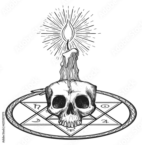 Esoteric ritual with skull candle. Hand drawn occult illustration