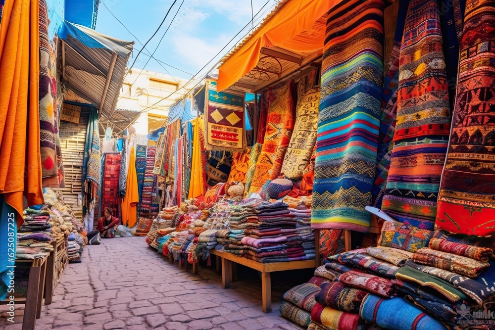 Vibrant Marrakech Street Market: Colorful Textiles, Spices, and Bustling Activity Steal the Scene!, generative AI