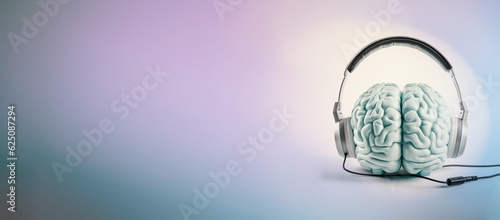 Human brain with headphone, listening to music, education and social media concept, intelligent mind, generative AI photo
