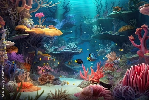 Vibrant Coral Reefs and Exotic Fish: Exploring a Whimsical Underwater Wonderland with Hidden Treasures, generative AI