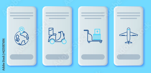 Set line Scooter delivery, Electric hand truck and boxes, Worldwide and Plane icon. Vector