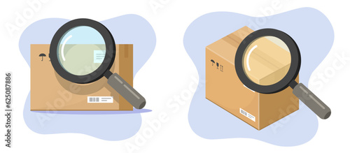 Parcel package order search track icon 3d isometric vector graphic illustration, mail postal cargo delivery shipping inspect check verify via magnifying glass image clipart