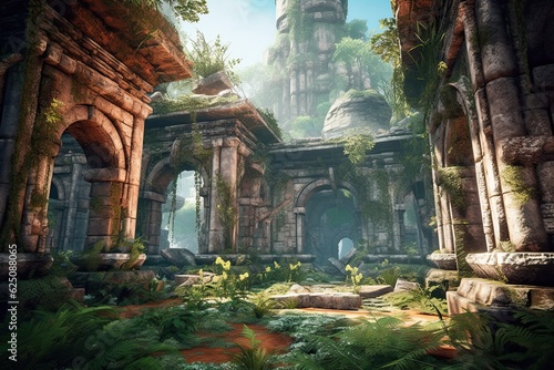 Exploring the Majestic Ancient Temple Ruins: Weathered Stone Structures, Lush Vegetation, and Historic Ambiance, generative AI