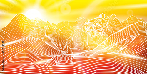 Mountains landscape. Sunshine glow. Summer illumination. Gold image. White outlines illustration on yellow background. Vector design art 