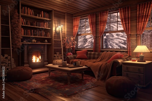 Cozy Cabin Retreat: Warmth, Comfort, and Relaxation with a Crackling Fireplace and Cozy Blankets, generative AI © Michael