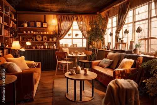 Warm and Inviting Coffee Shop: Cozy Background with Soft Lighting, Comfortable Seating, and Relaxing Vibes, generative AI © Michael
