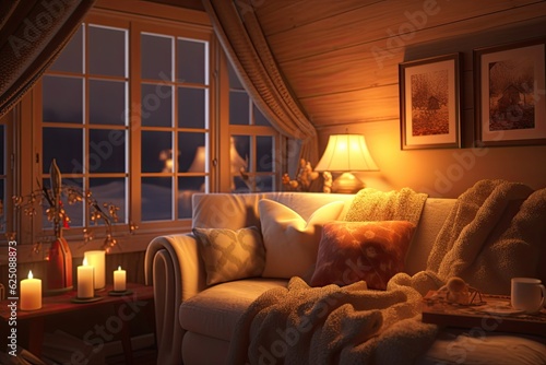 Cozy Background: Warm and Inviting Living Room for Comfortable Relaxation with Soft Lighting and Cozy Blankets, generative AI © Michael