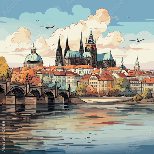 Prague castle hand-drawn comic illustration. Prague castle. Vector doodle style cartoon illustration