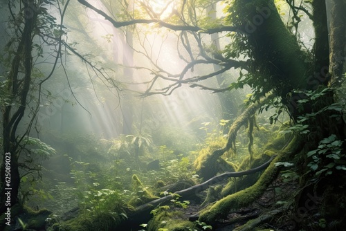 Misty Forest  Capturing Ethereal Tranquility with Dreamy Background of Soft Sunlight  generative AI